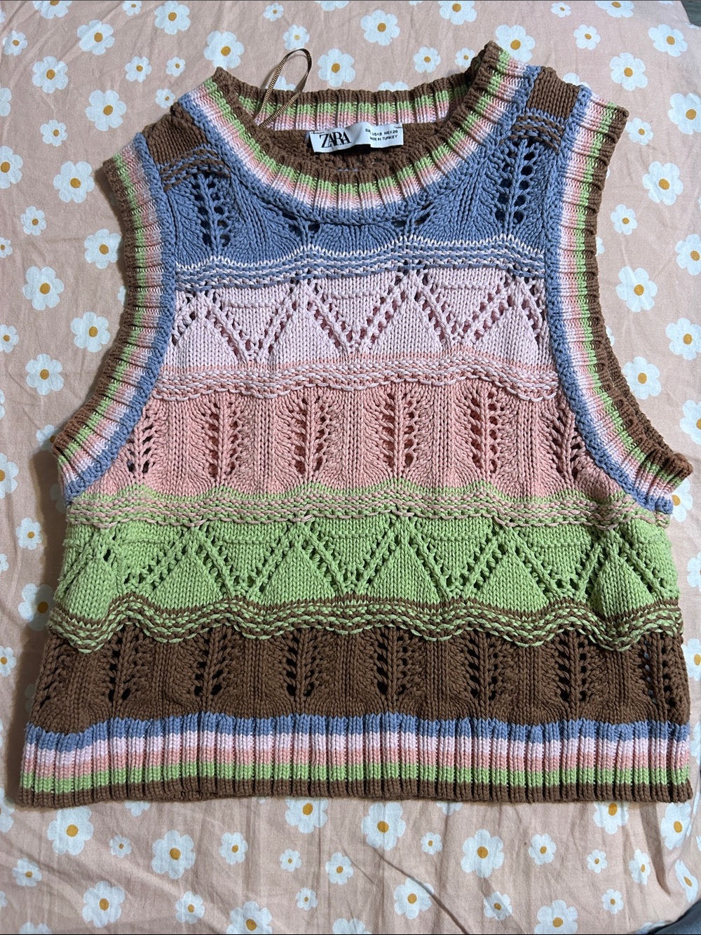 ZARA Striped Knit Tank Top in Blue, Pink, Green & Brown - Picture 2 of 4
